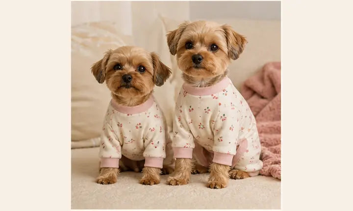 Two small dogs illustrating how to choose between clothing sizes