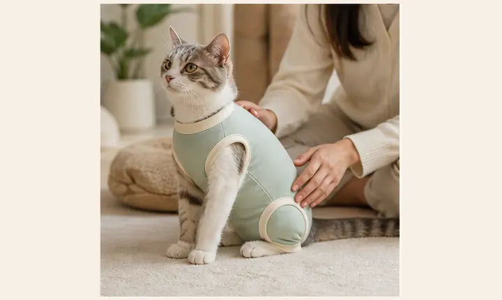 Cat wearing a comfortable recovery suit