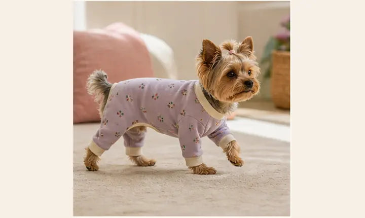 Small dog wearing properly fitted four-leg pajamas