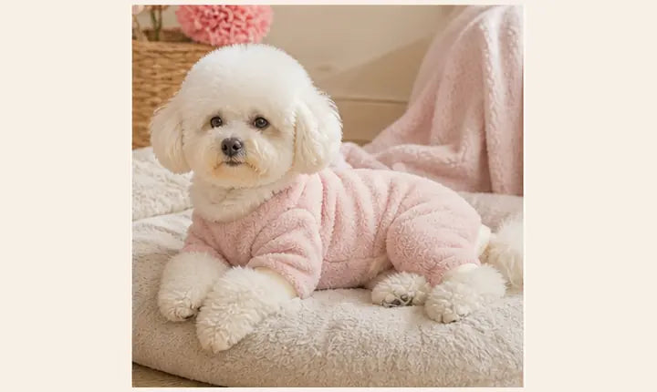 Small dog resting in warm pink pajamas