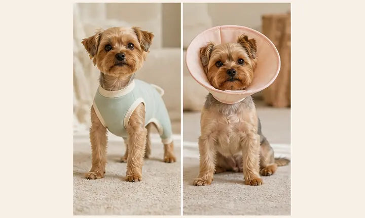 Recovery suit and soft cone options for a small dog