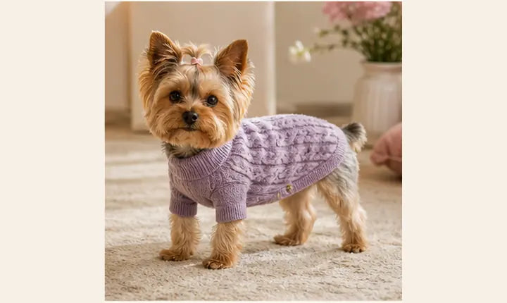 Yorkie wearing a lavender sweater