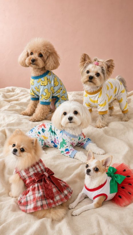 Five dogs in Yikeyo pajamas and dresses on a cream bed