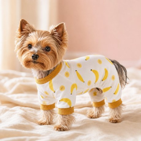 Yorkie in banana pajamas
